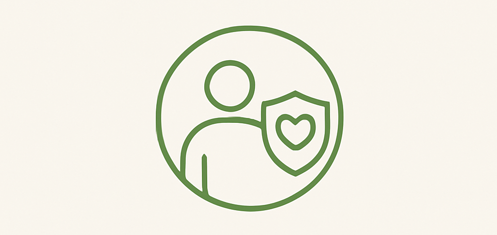Datenschutz Symbol eines Menschen mit Schutzschild und Herz, das Sicherheit und Gesundheit darstellt.